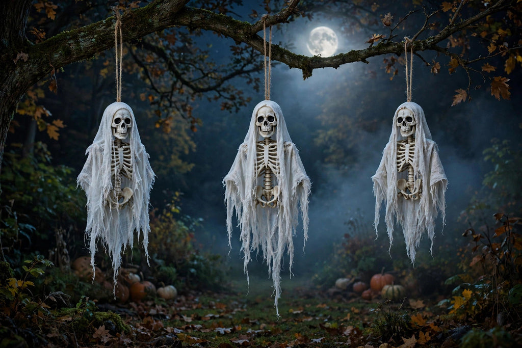Lot de 3 fantômes squelettes suspendus à un arbre la nuit