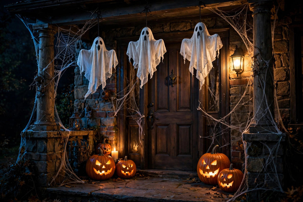 Fantômes suspendus décorant l'entrée d'une maison hantée