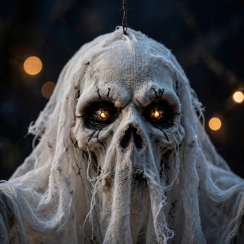Gros plan du visage d'un fantôme squelette suspendu – décoration Halloween