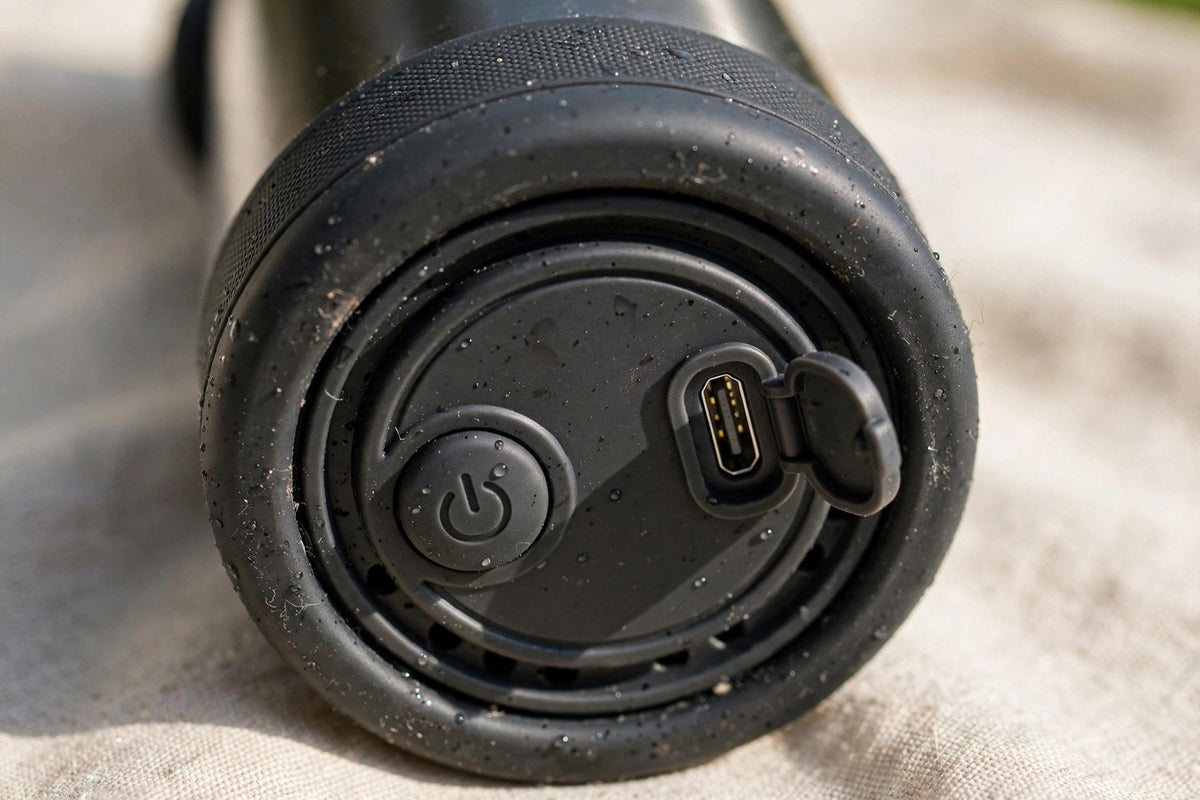 Détail du bouton d'activation et du port de charge USB