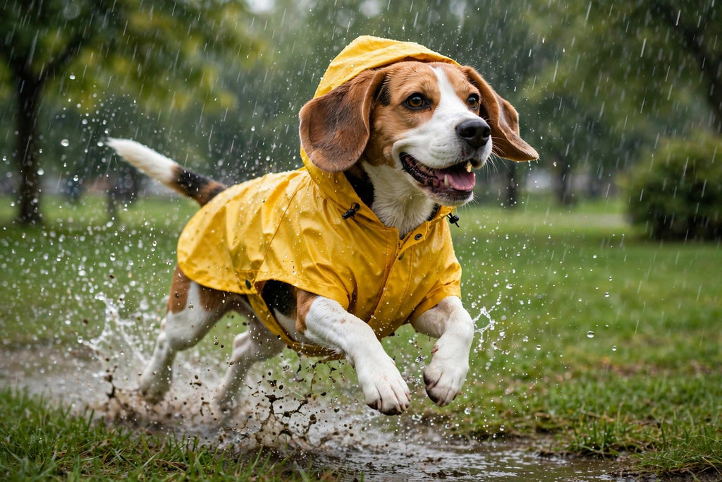 Beagle courant joyeusement sous la pluie avec un imperméable jaune à capuche