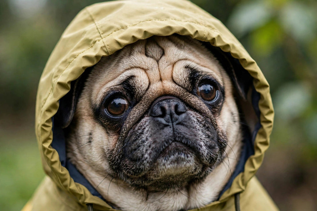 Gros plan sur la capuche d'un imperméable pour chien relevée sur la tête d'un carlin