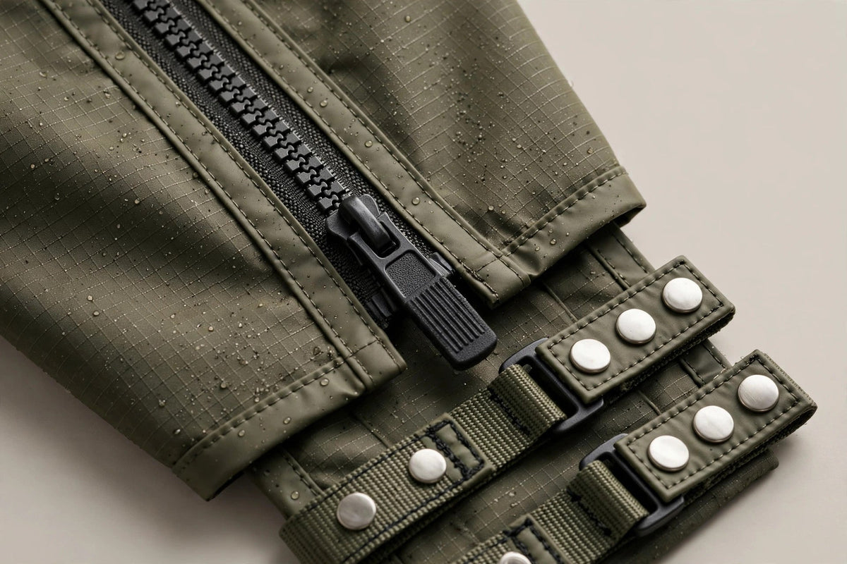Détail de la fermeture éclair robuste et des pattes ajustables à boutons-pression d'un imperméable pour chien, coutures étanches
