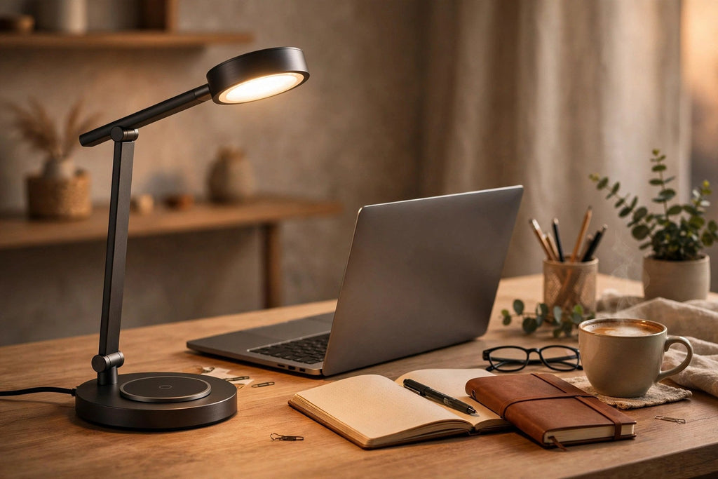 Lampe de bureau avec chargeur sans fil sur un bureau aménagé