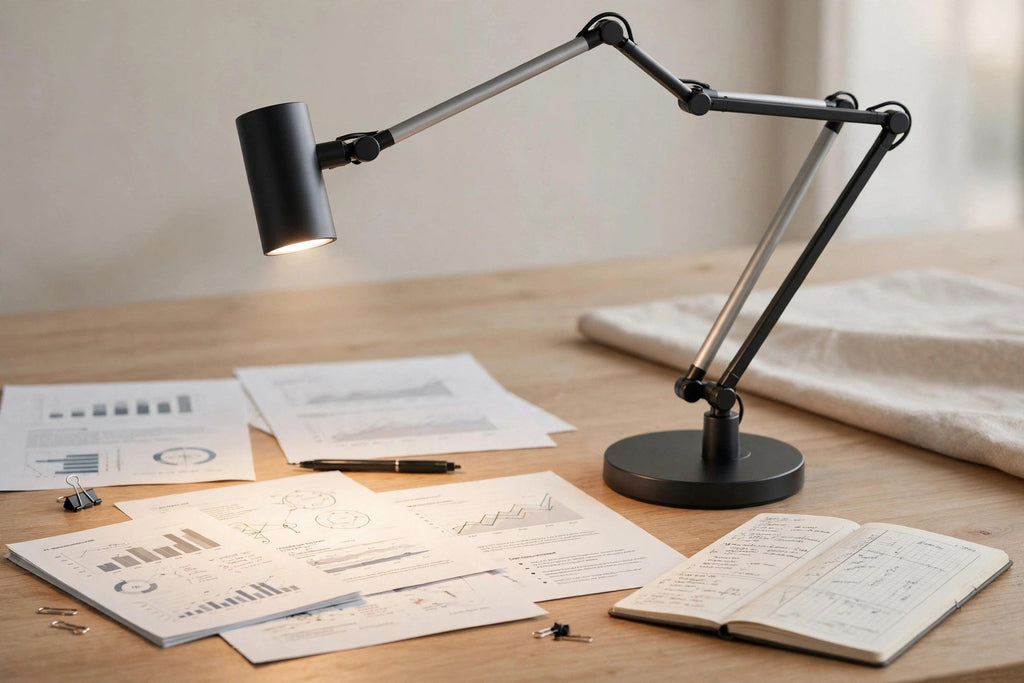 Bras articulable de la lampe de bureau orienté vers des documents