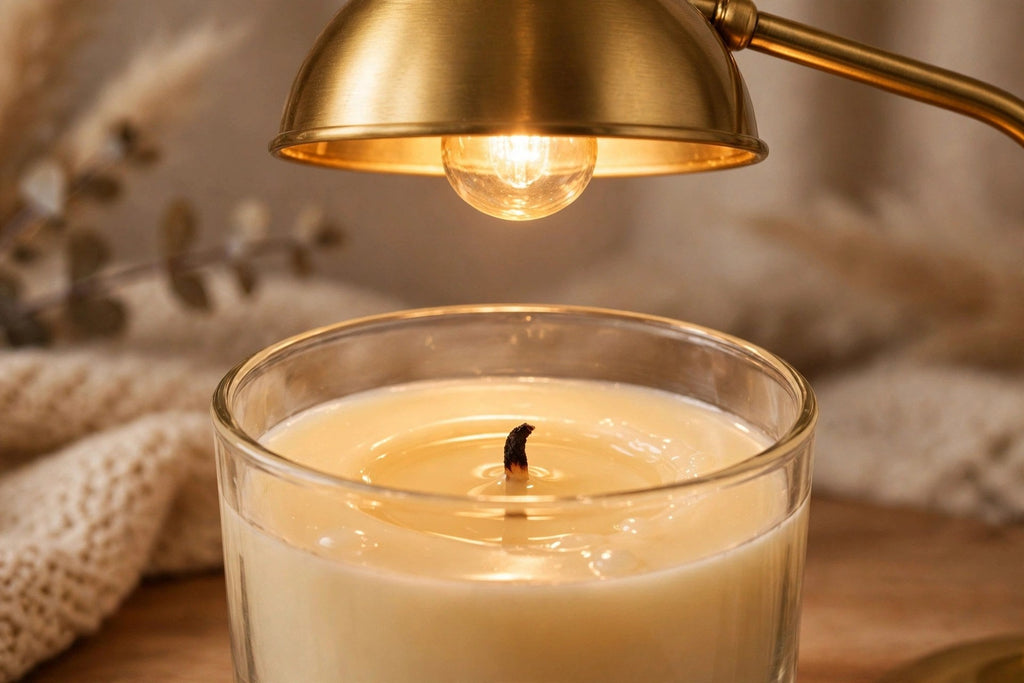 Bougie parfumée qui fond sous la lampe chauffe-bougie, gros plan