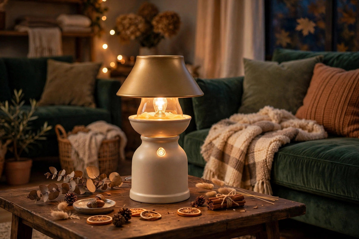 Lampe chauffe-bougie créant une ambiance cosy dans un salon le soir