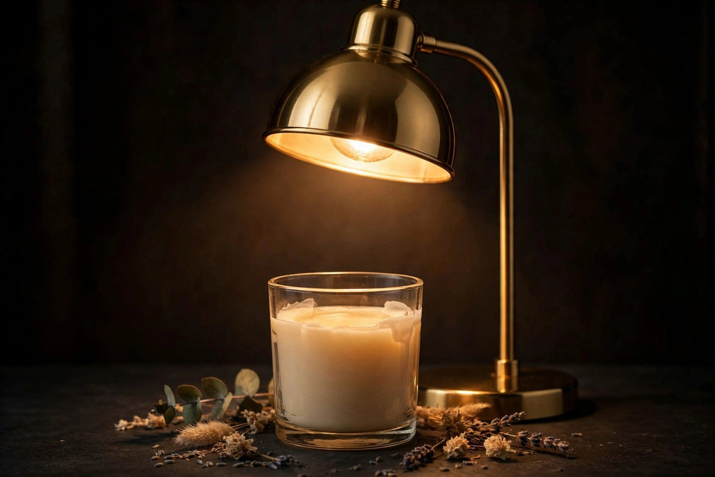 Lampe chauffe-bougie allumée diffusant une lumière chaude dans le noir