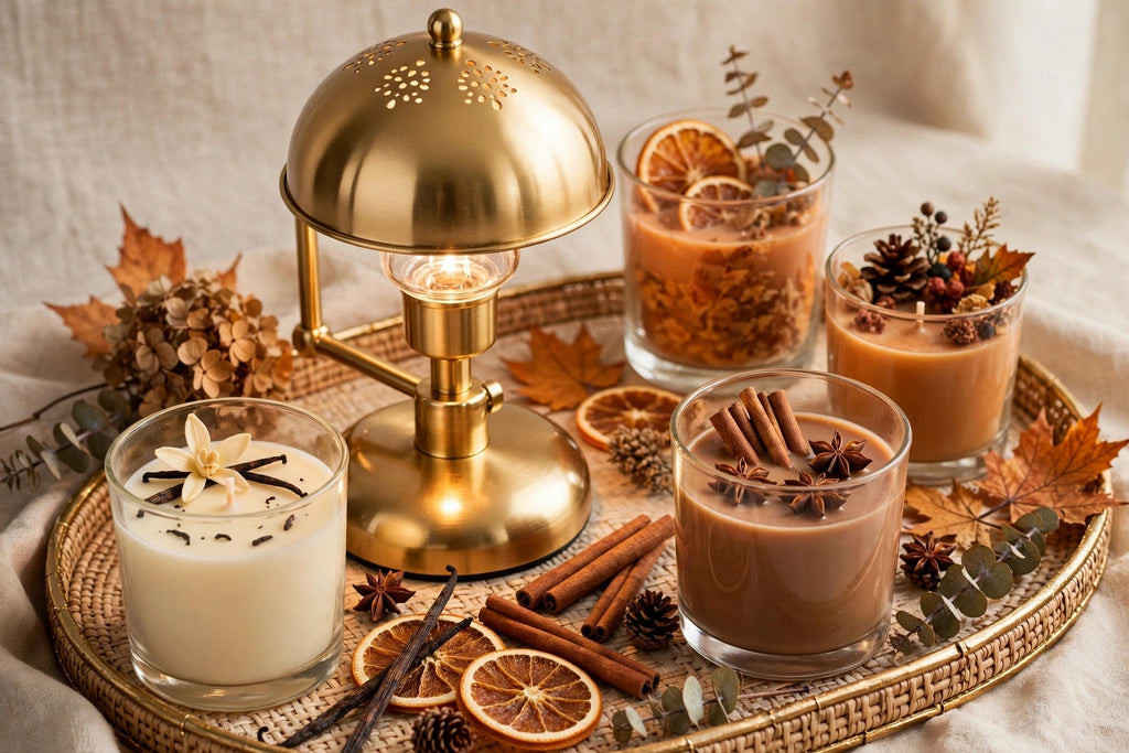 Lampe chauffe-bougie avec bougies parfumées d'automne