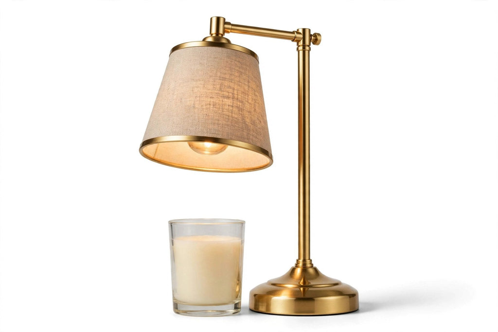 Lampe chauffe-bougie dorée, vue studio sur fond blanc