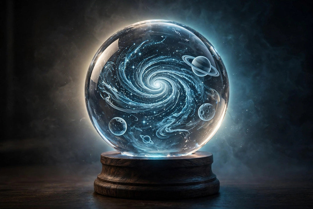 Lampe boule de cristal galaxie allumée sur socle en bois