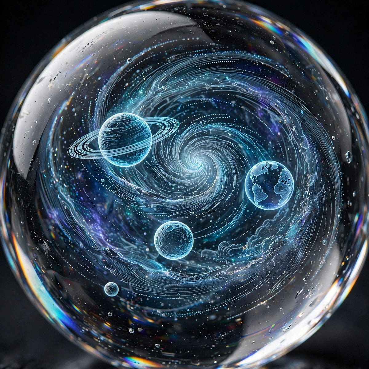 Gros plan des motifs galaxie gravés dans la boule de cristal