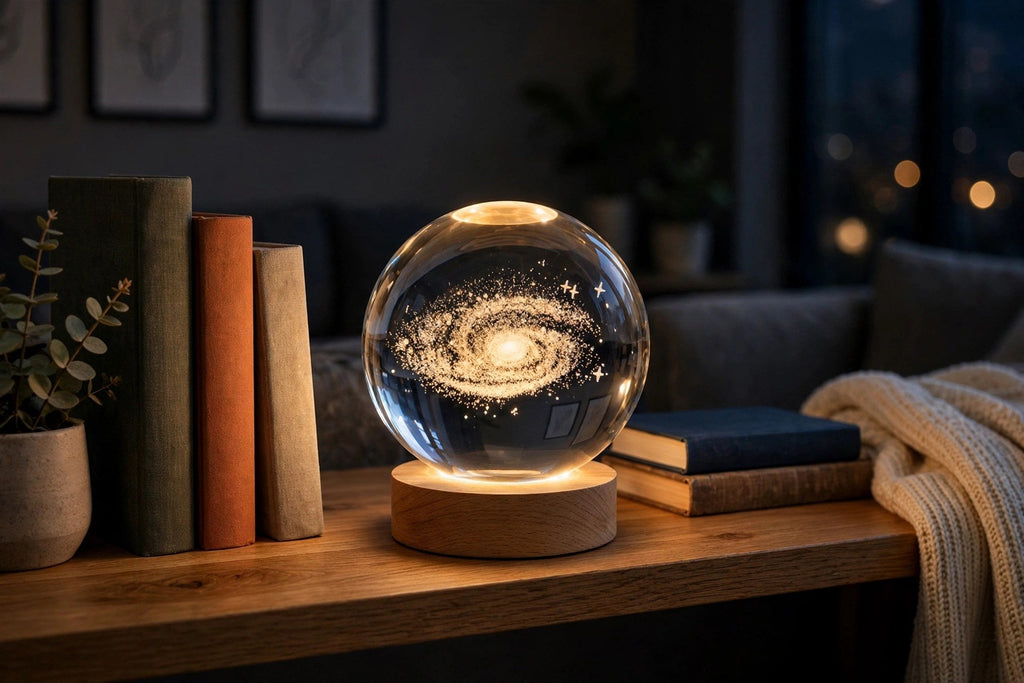 Lampe galaxie en décoration sur une étagère du salon