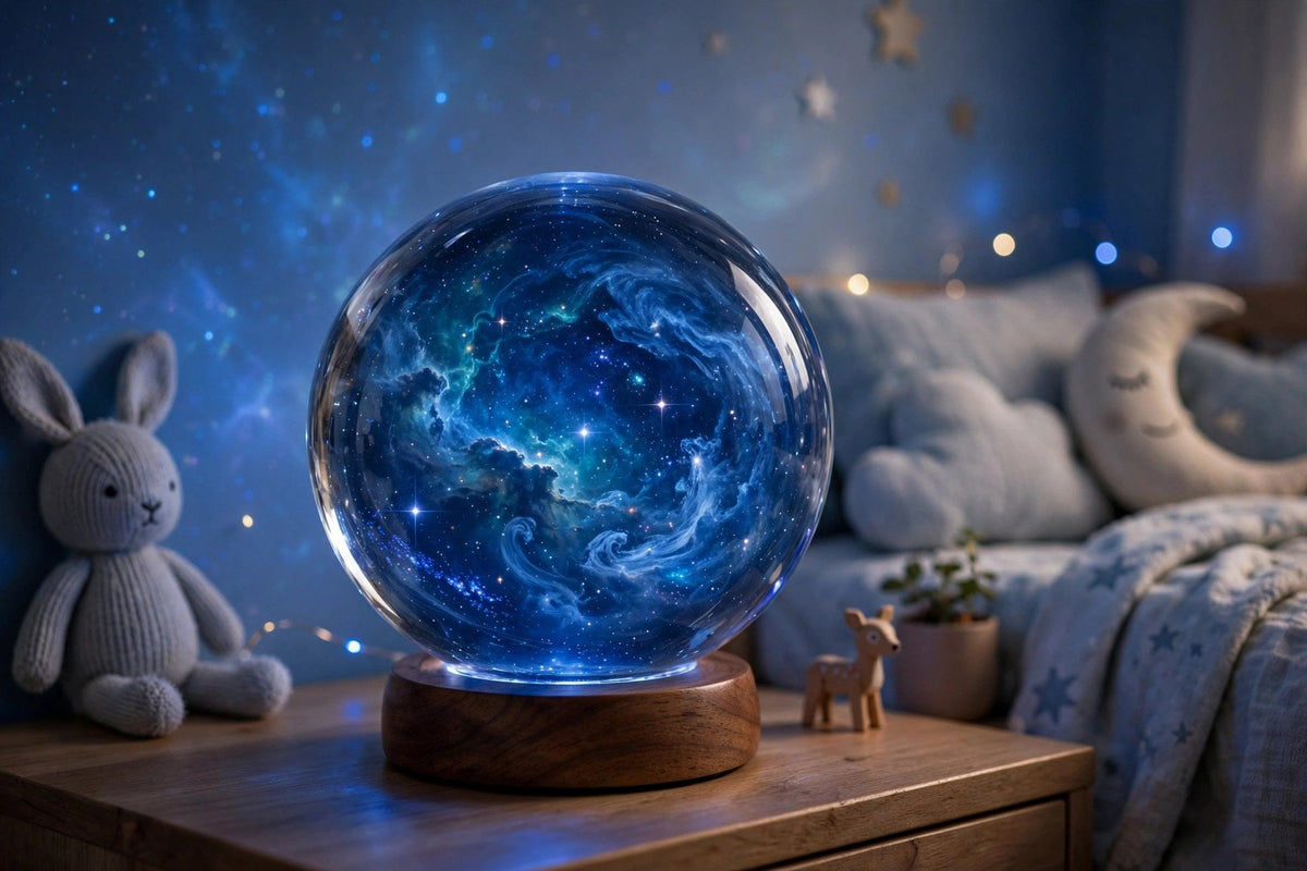 Lampe galaxie bleue en veilleuse dans une chambre d'enfant