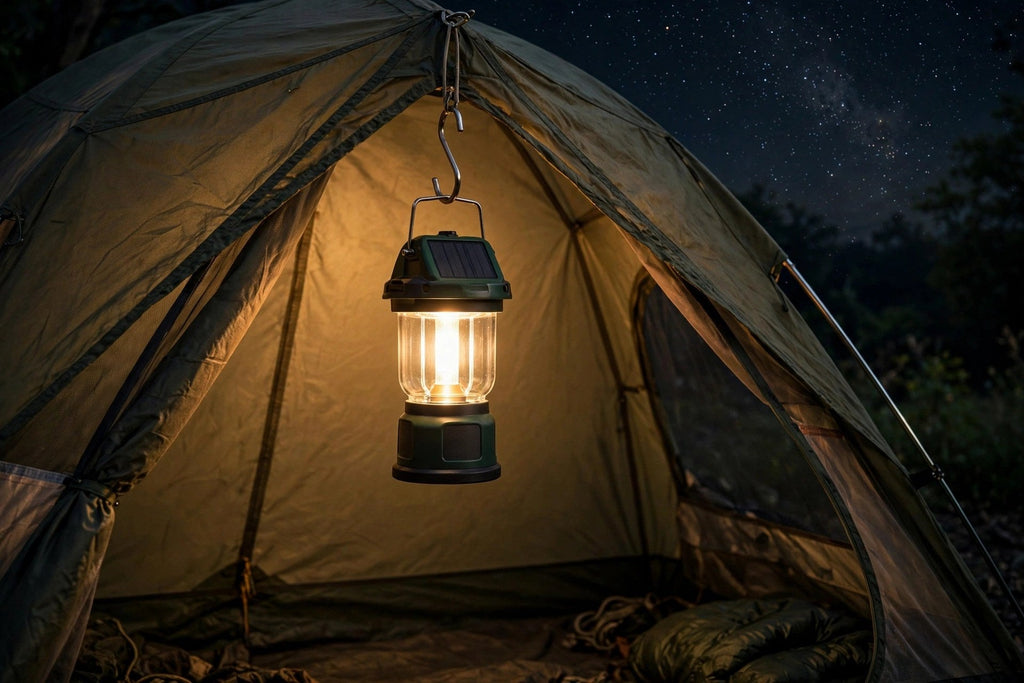 Lanterne solaire suspendue à son crochet sous une tente la nuit, ambiance camping