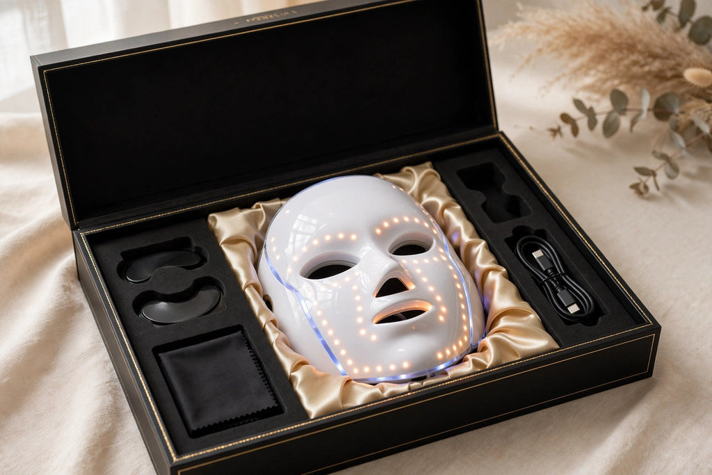 Coffret premium noir et or révélant le masque LED de luminothérapie