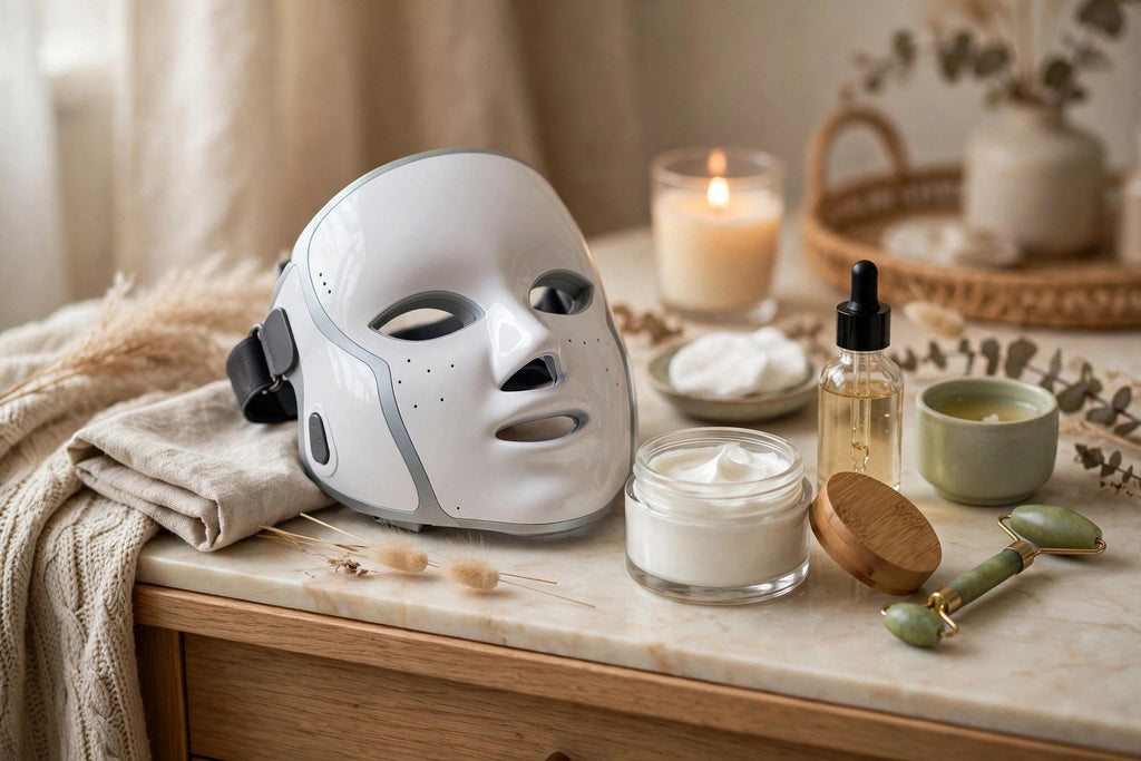 Rituel beauté : masque LED, crème et soins posés sur une coiffeuse élégante
