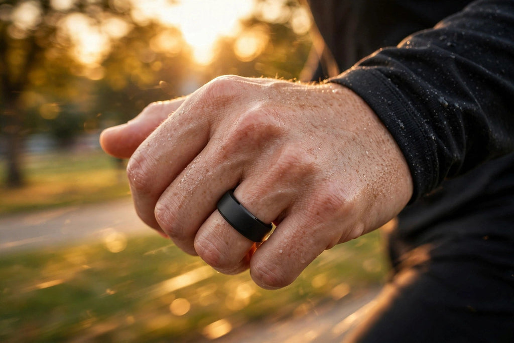 Coureur portant l'anneau de fitness intelligent pendant sa séance de sport en extérieur.