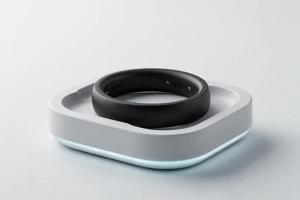 Anneau de fitness intelligent posé sur son socle de charge élégant.