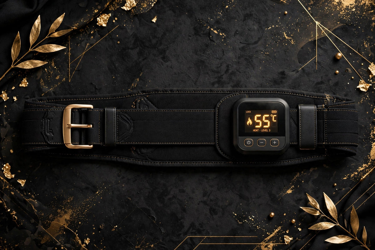Ceinture chauffante noire avec écran de température, posée à plat sur fond sombre et doré