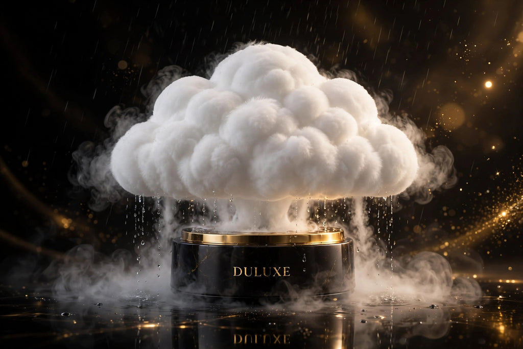 Humidificateur nuage de pluie diffusant une brume douce, présentation premium sur fond noir et doré
