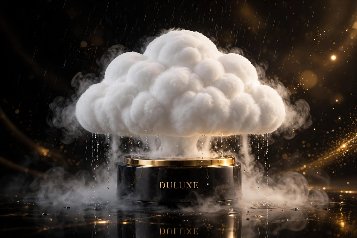 Humidificateur nuage de pluie diffusant une brume douce, présentation premium sur fond noir et doré