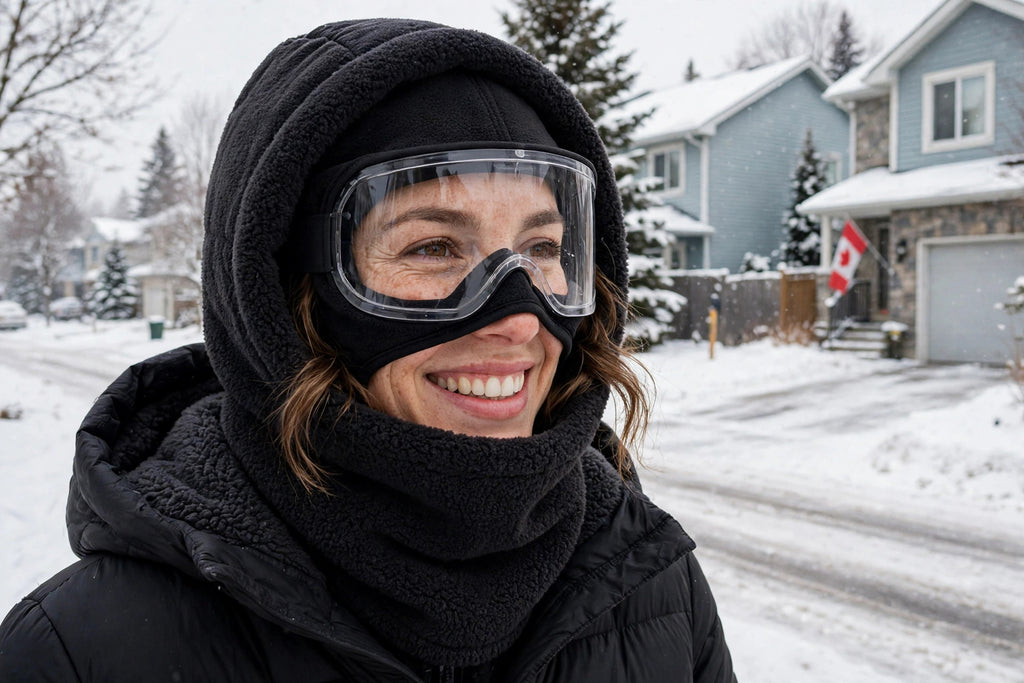 Femme portant le masque d'hiver à visière intégrée dans une rue enneigée