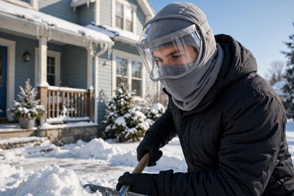 Homme en masque d'hiver gris à visière qui déneige son entrée