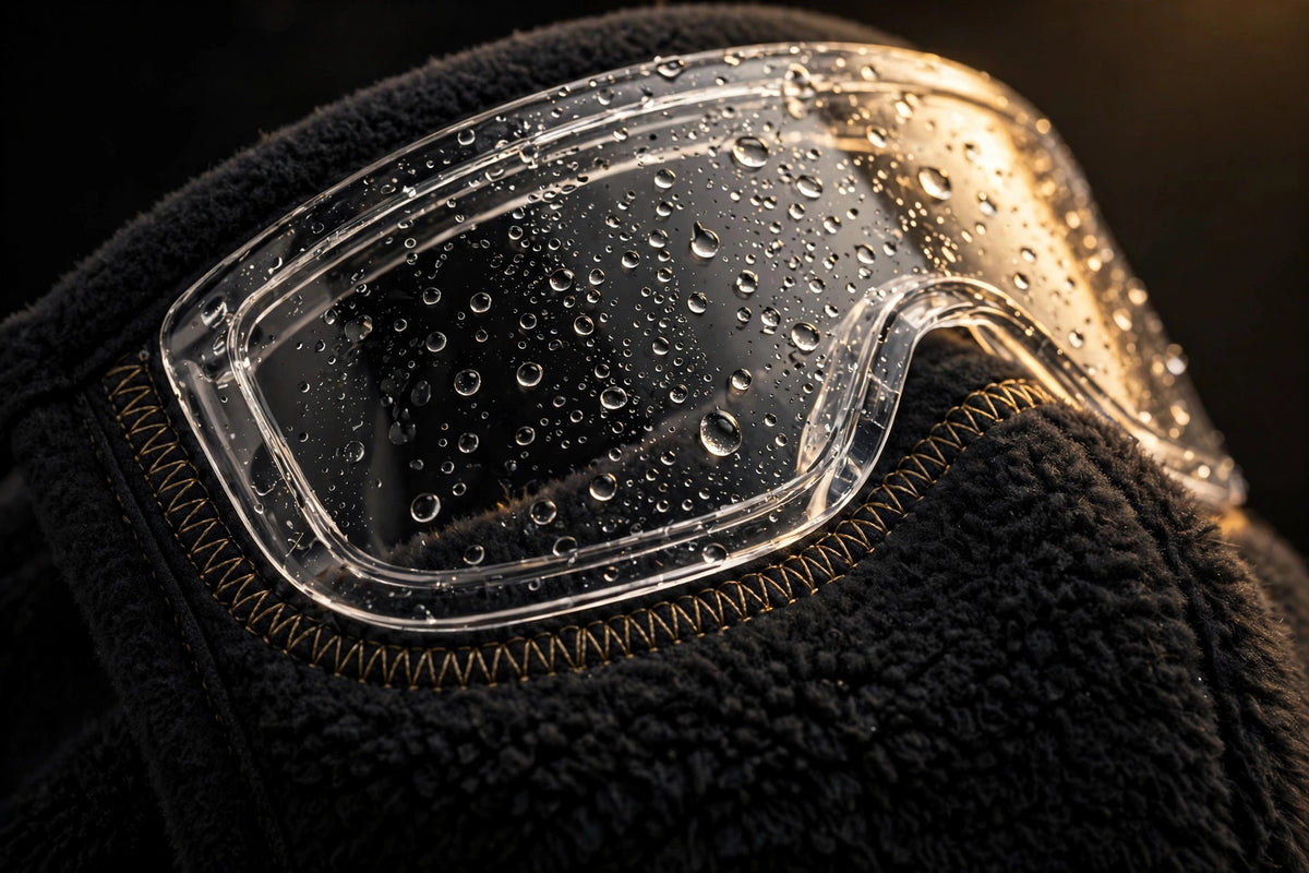 Gros plan sur la visière transparente anti-buée intégrée au masque d'hiver