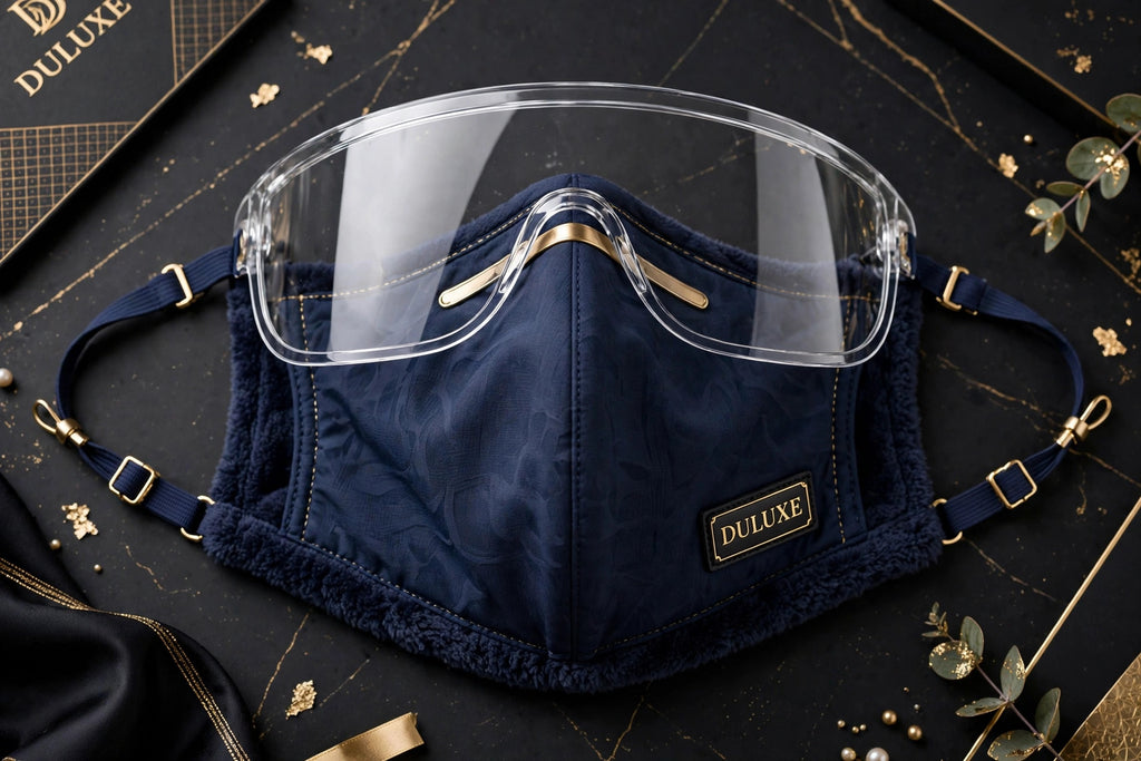 Masque d'hiver bleu marine à visière intégrée présenté à plat