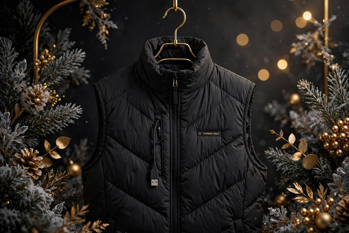 Veste chauffante d'hiver USB DULUXE présentée sur cintre, décor hivernal élégant