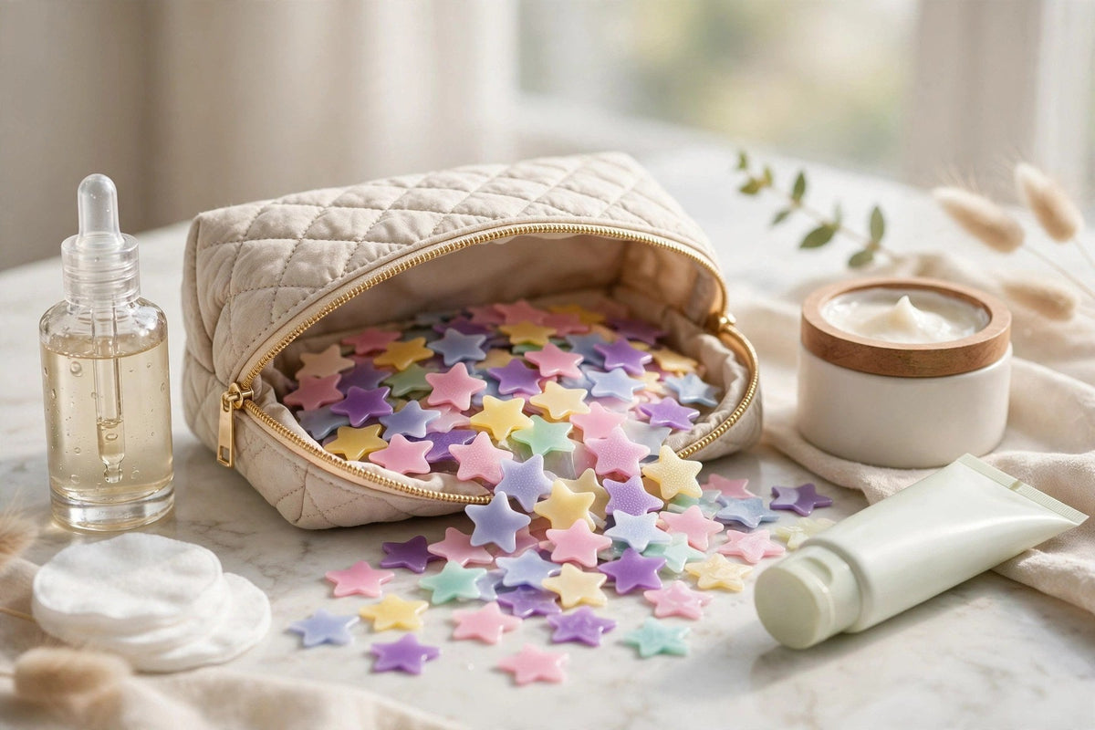 Patchs étoiles multicolores dans une trousse de beauté ouverte, entourés de produits de soin.