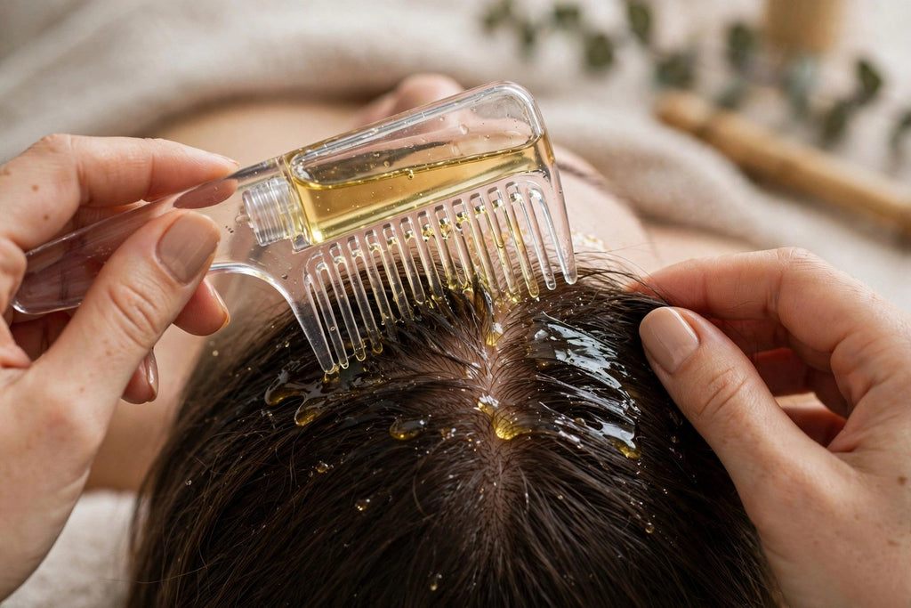 Massage du cuir chevelu avec le peigne applicateur d'huile