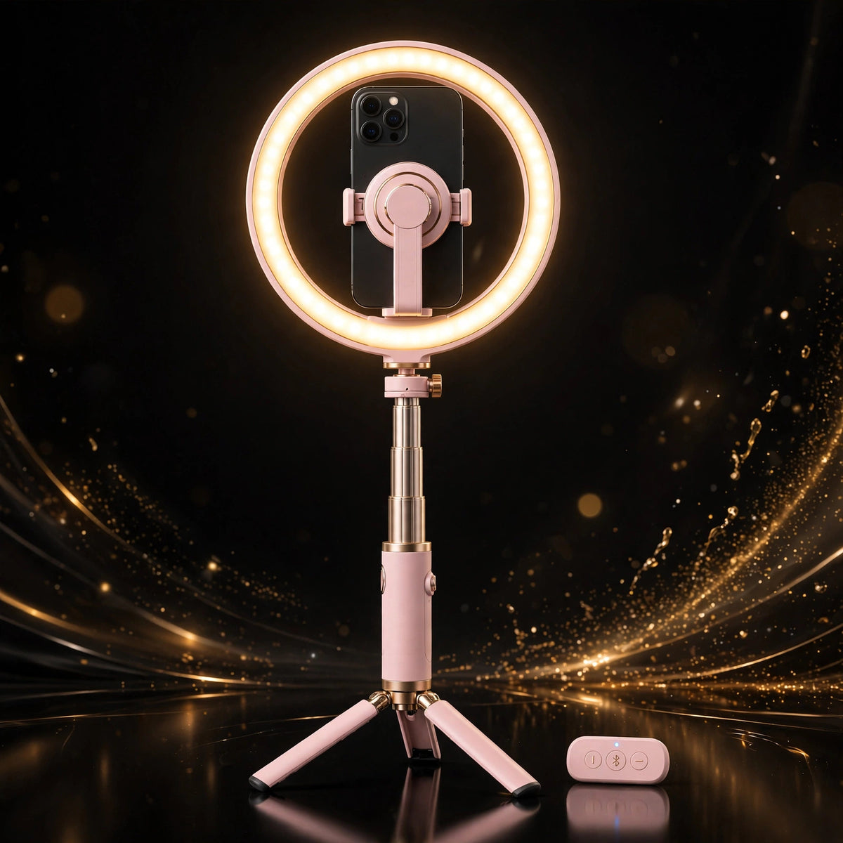 Perche à selfie magnétique rose avec anneau lumineux LED allumé, mini-trépied et télécommande Bluetooth