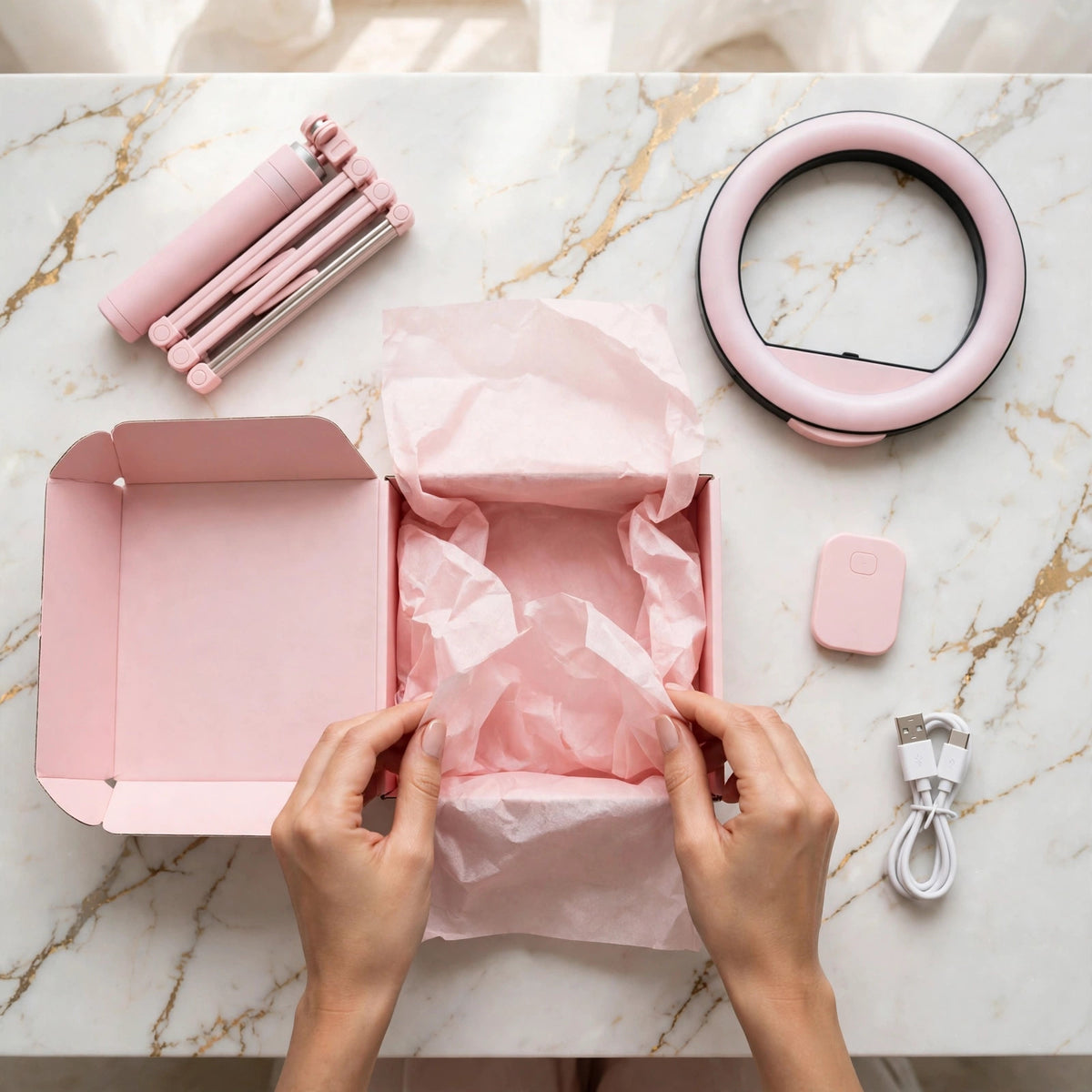 Déballage du kit perche à selfie rose : perche, anneau LED, télécommande et accessoires