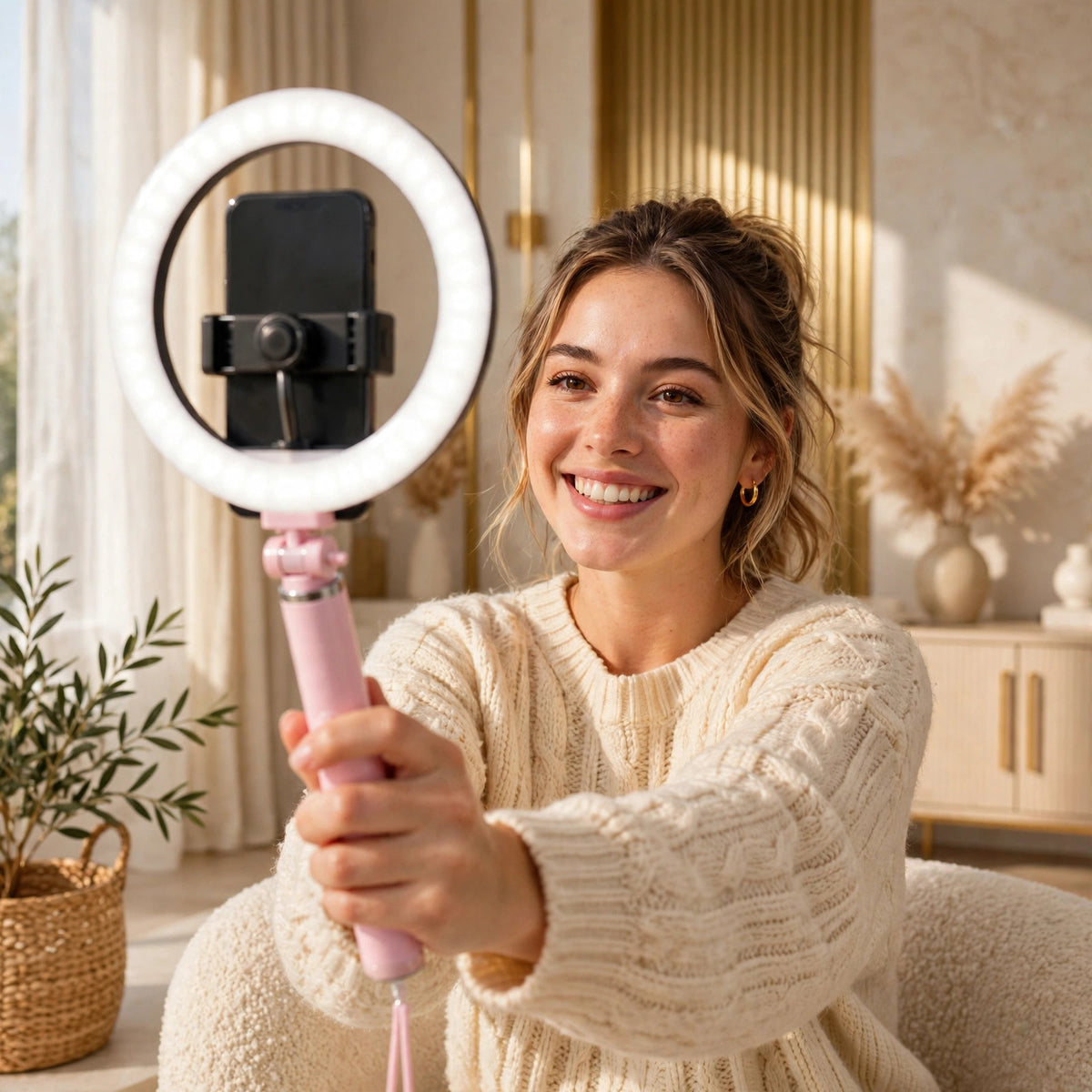 Créatrice de contenu qui se filme avec la perche à selfie rose déployée