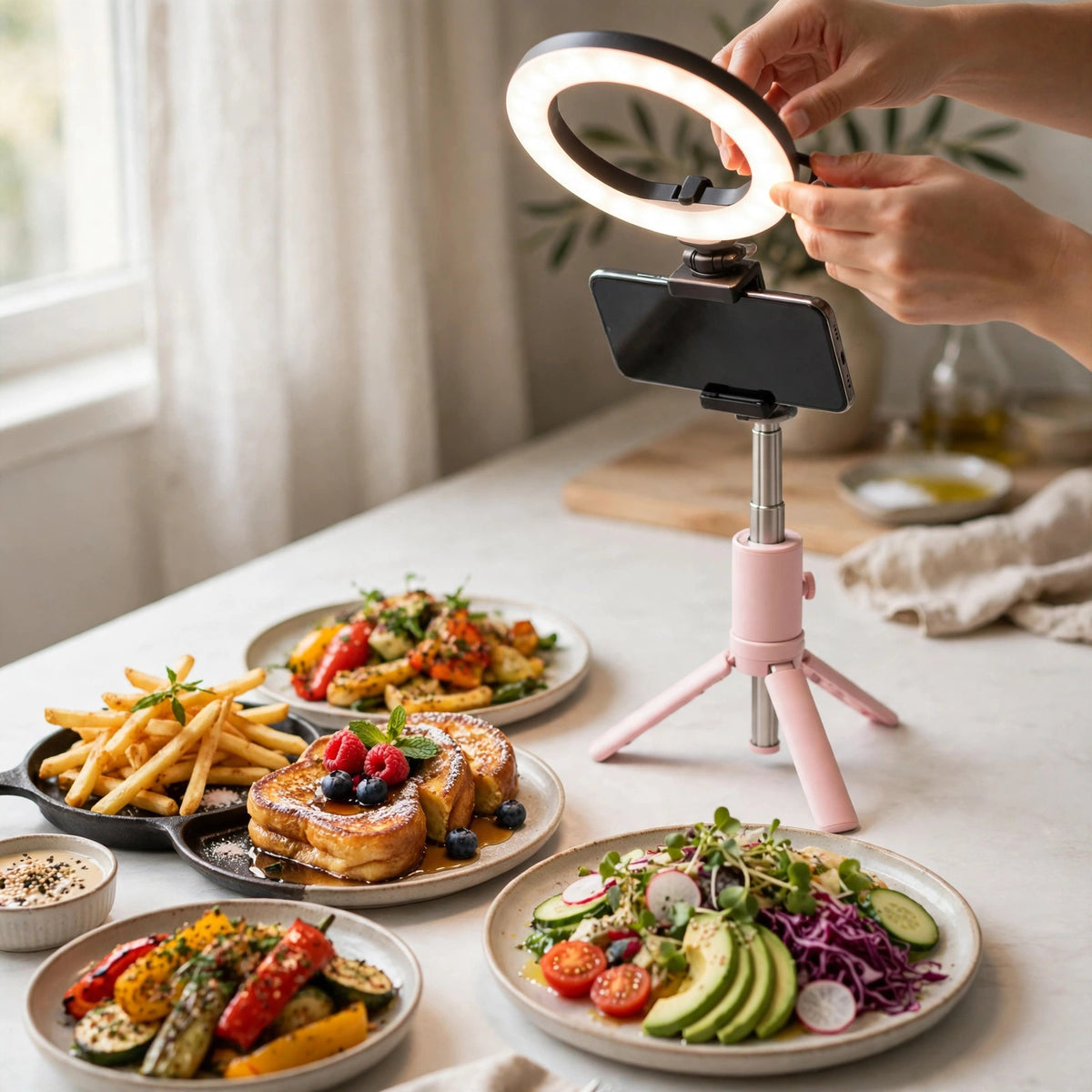 Perche à selfie en mode trépied qui filme une scène de photographie culinaire