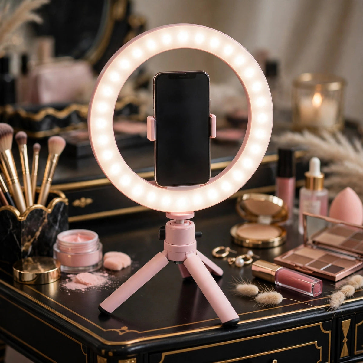 Anneau lumineux LED de la perche à selfie sur une coiffeuse, tutoriel beauté