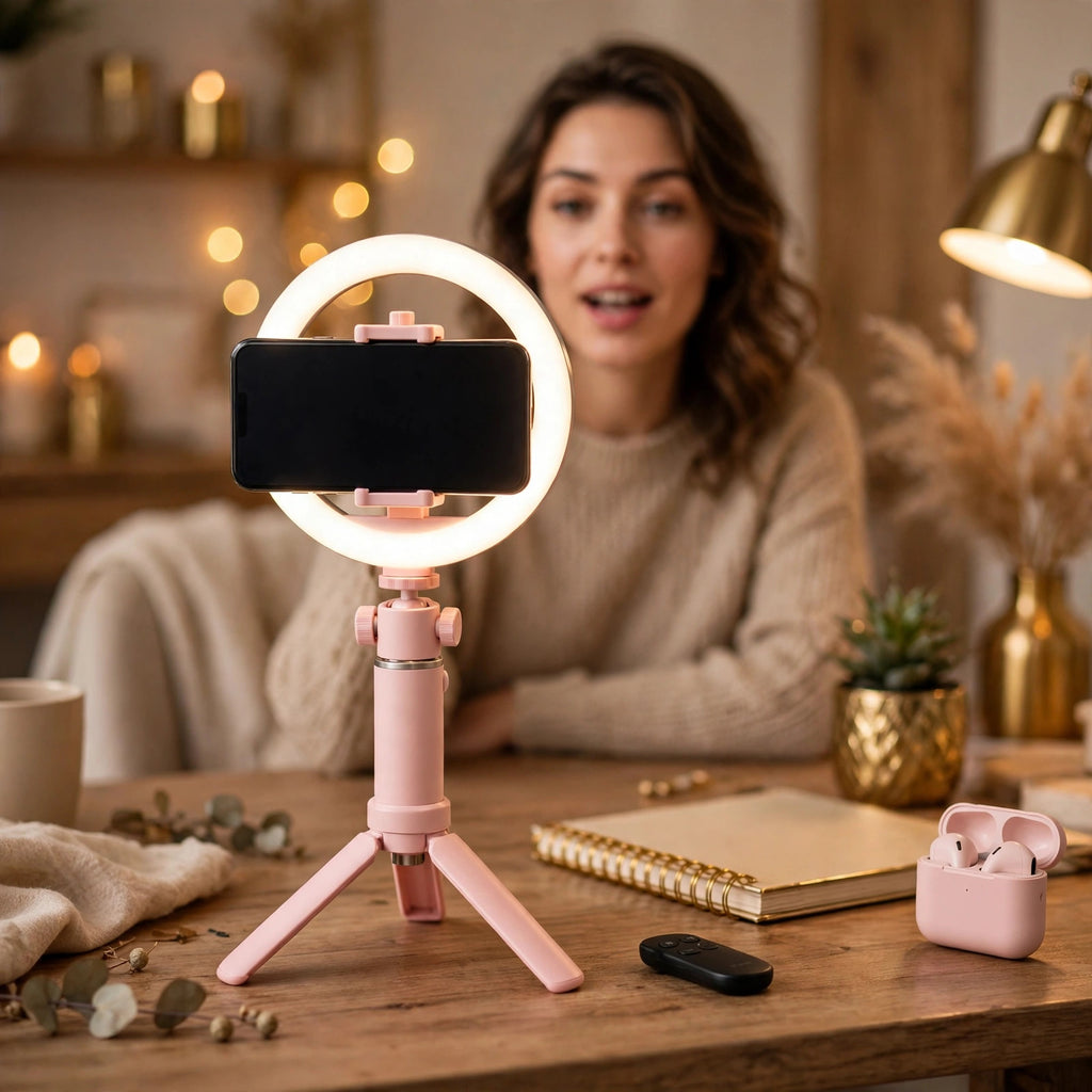 Perche à selfie en mode trépied pour un live sur un bureau