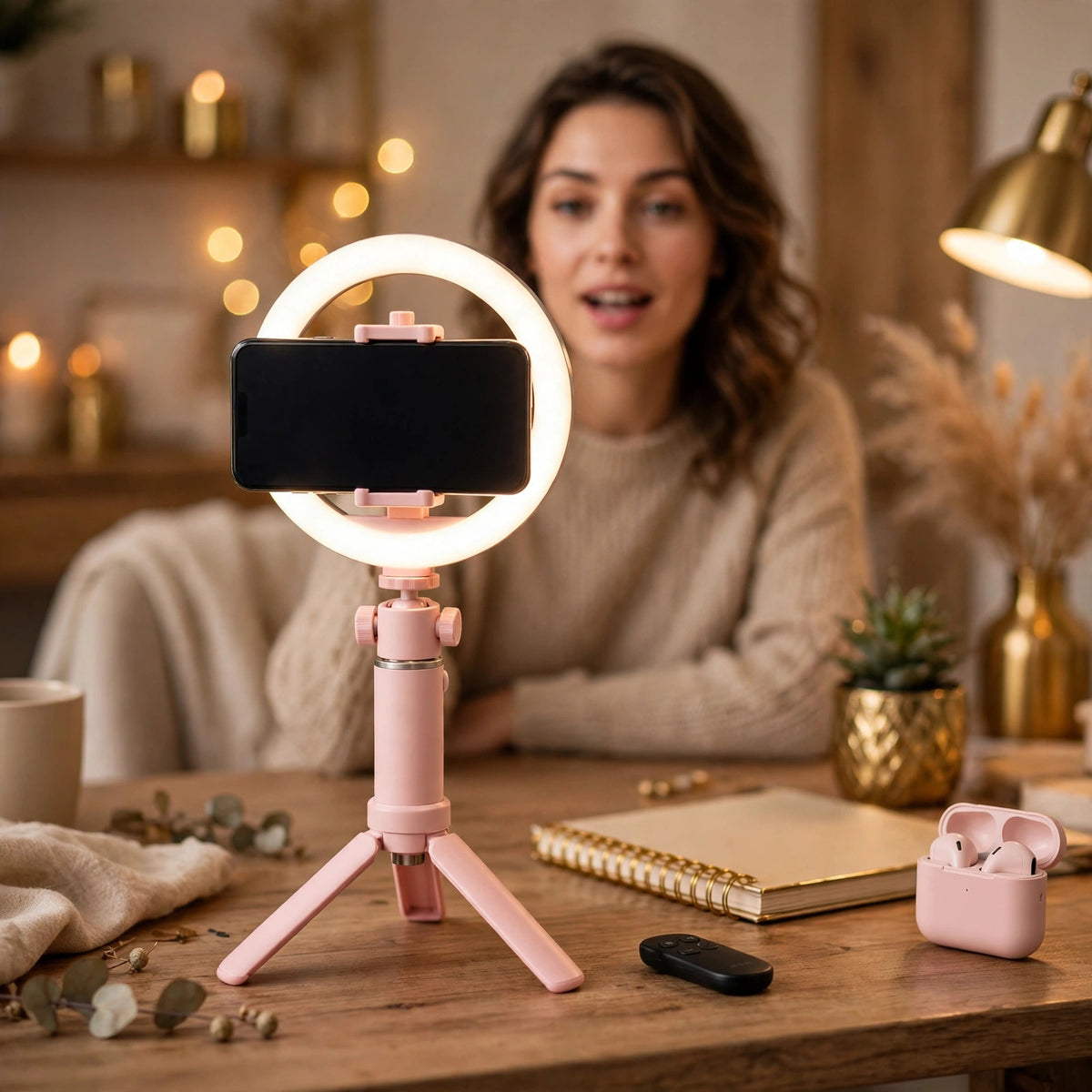 Perche à selfie en mode trépied pour un live sur un bureau