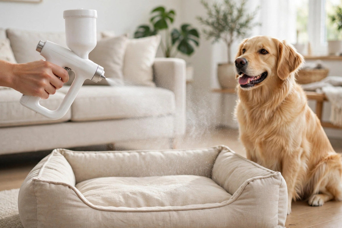 Brume enzymatique fraîcheur appliquée sur le panier du chien