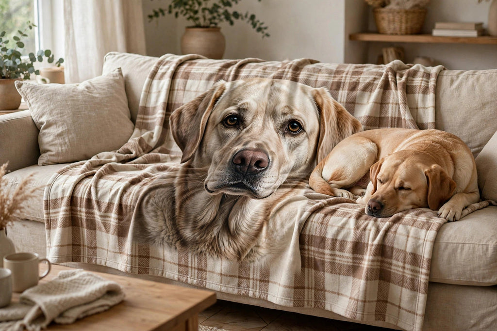 Plaid personnalisé avec le portrait d'un labrador, déployé sur un canapé beige