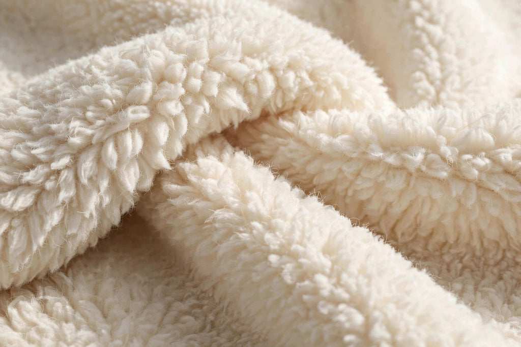 Texture douce et épaisse d'un plaid en polaire crème, en macro