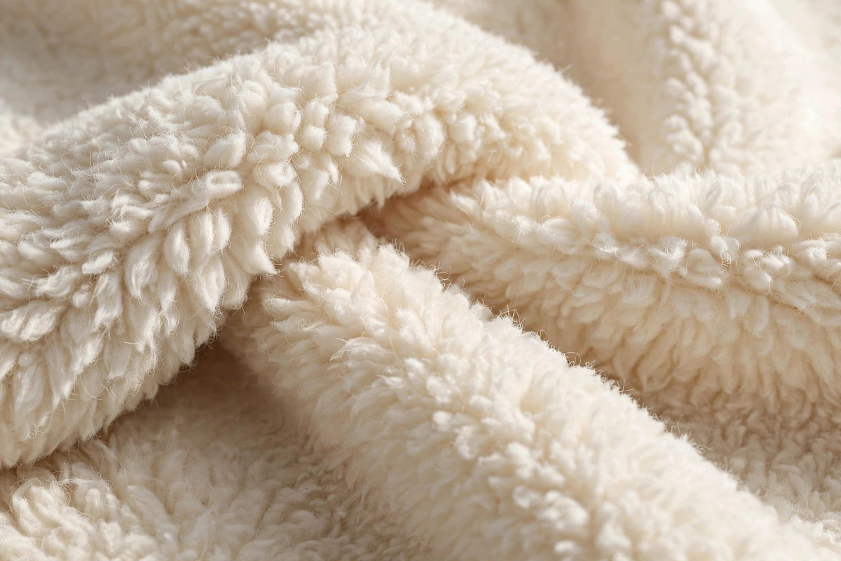 Texture douce et épaisse d'un plaid en polaire crème, en macro