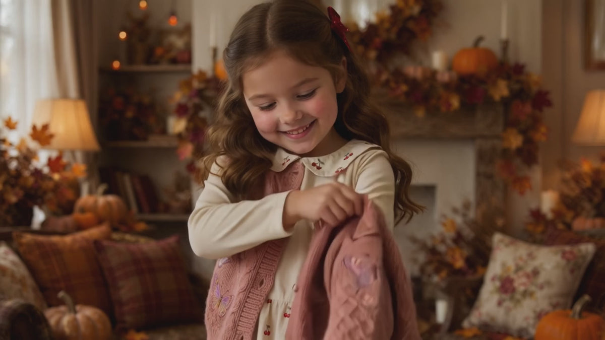 Vidéo démo du cardigan papillon DULUXE : fillette qui enfile et boutonne son cardigan en maille douce, gros plan sur le motif papillon