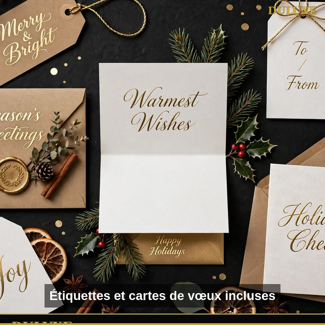 Vidéo démo du set d'emballage DULUXE : étiquettes, cartes de vœux et styles rouge et or ou blanc et doré, en français