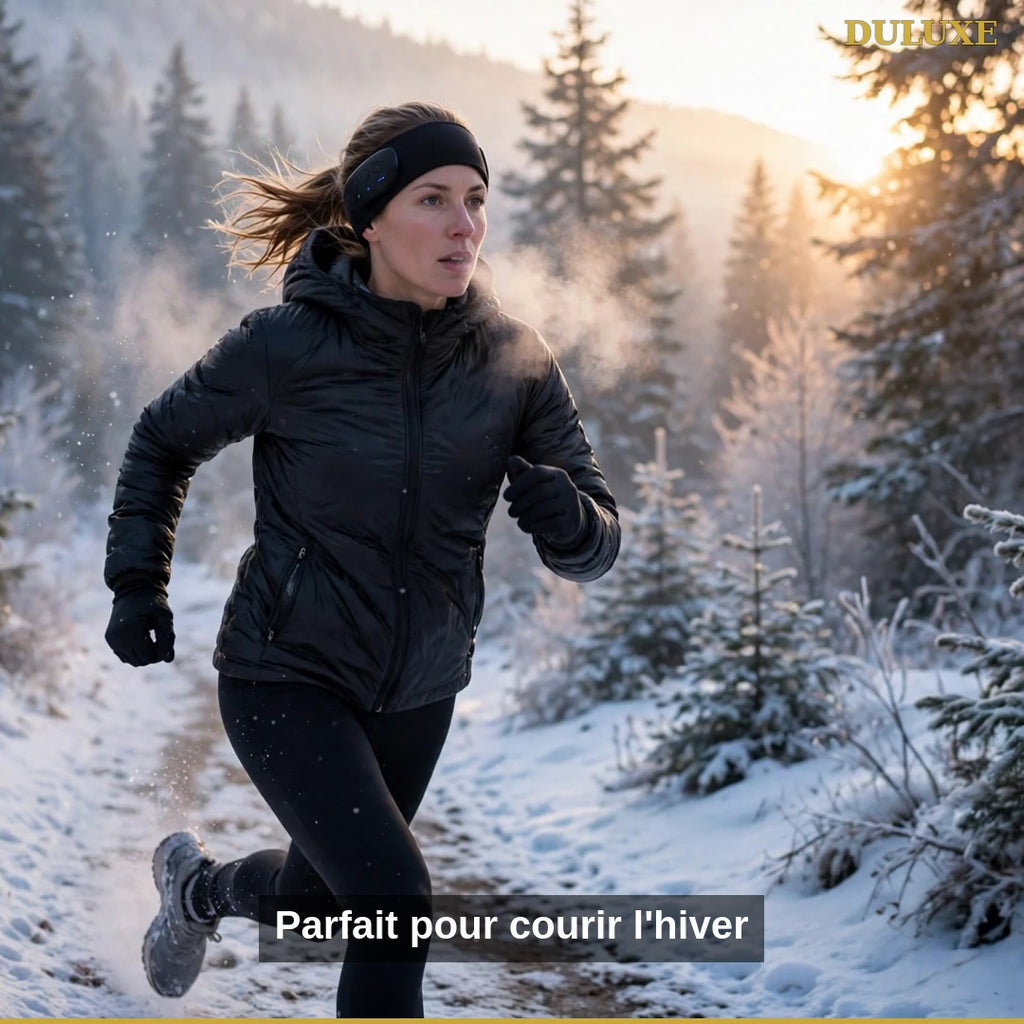 Vidéo démo du bandeau de ski musical Bluetooth DULUXE : course hivernale, modules amovibles lavables et recharge USB, en français