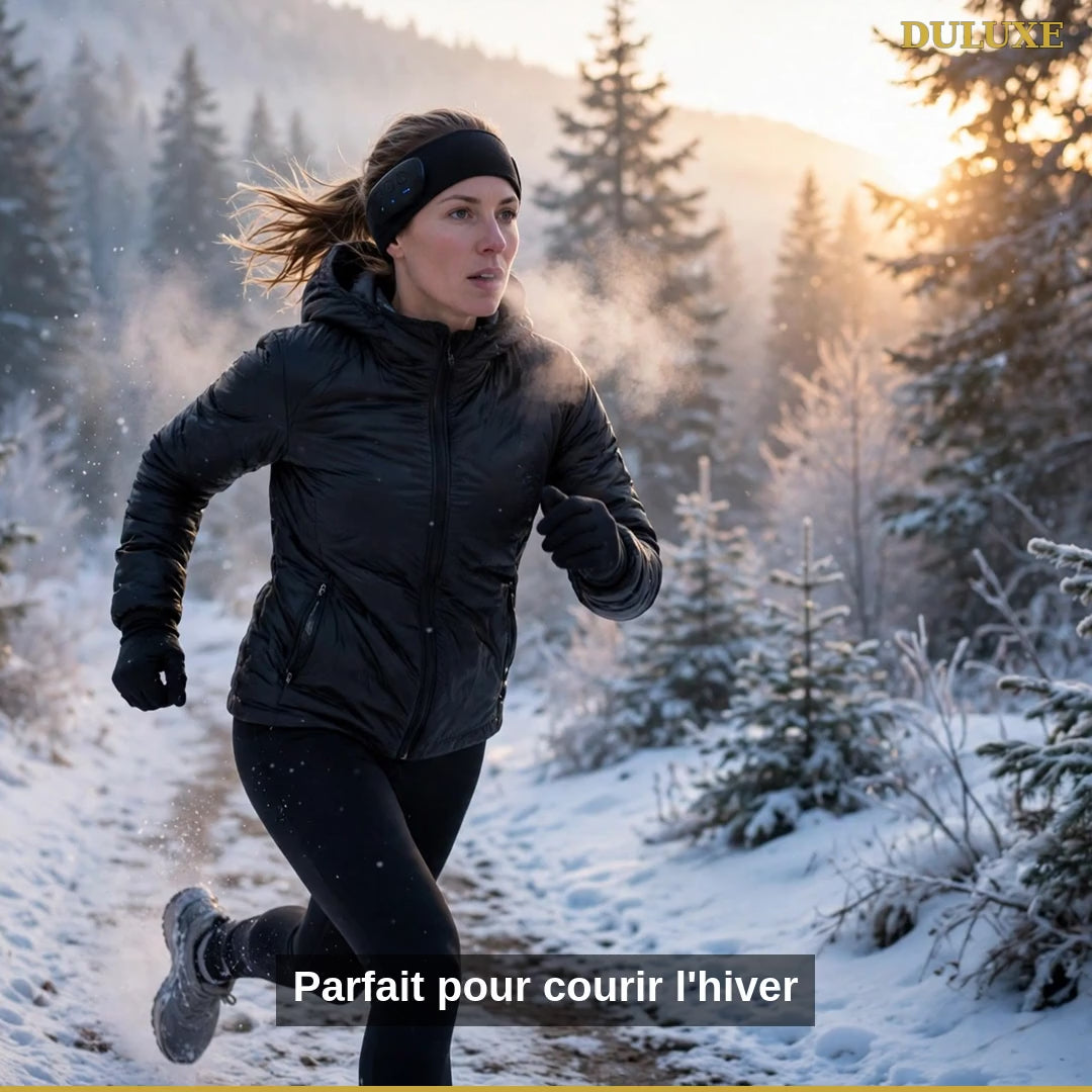 Vidéo démo du bandeau de ski musical Bluetooth DULUXE : course hivernale, modules amovibles lavables et recharge USB, en français