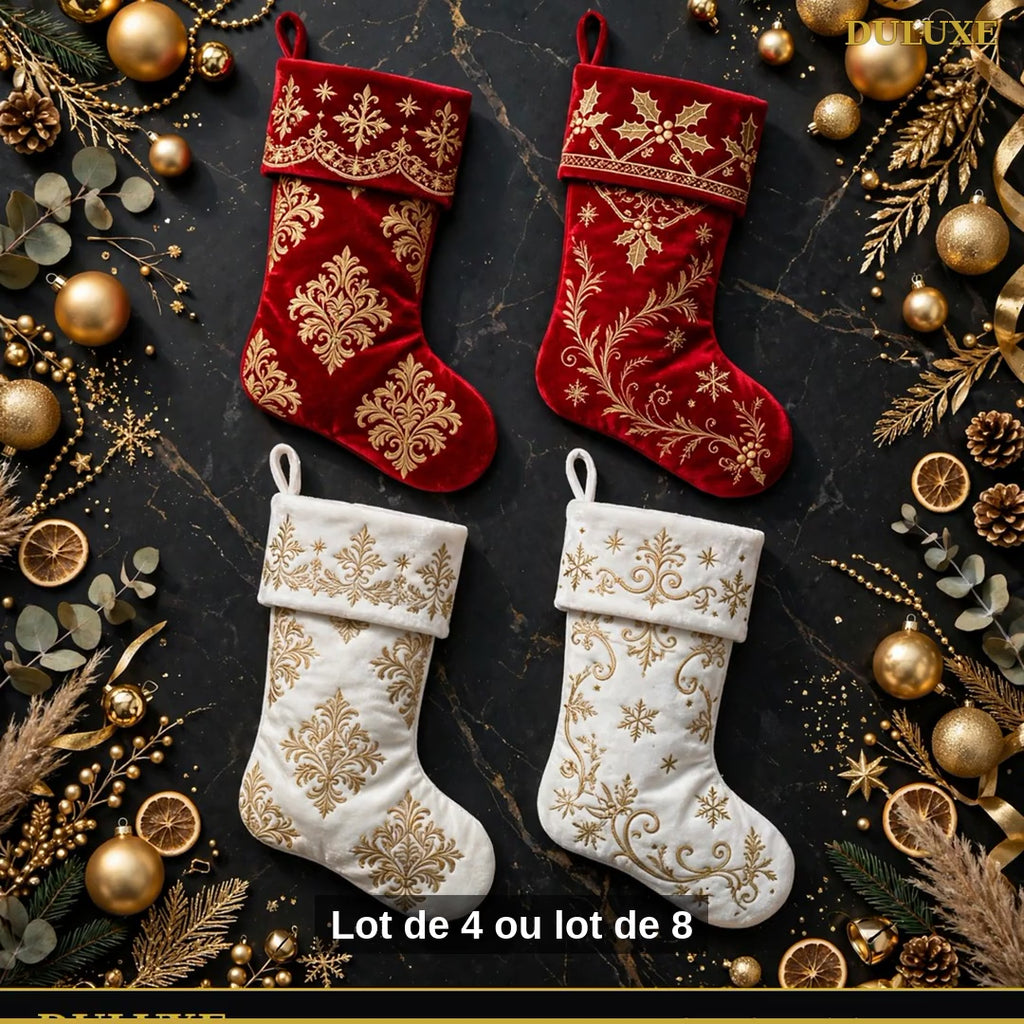 Vidéo démo des bas de Noël DULUXE : boucle renforcée, lot de 4 ou 8 et tradition des fêtes, en français