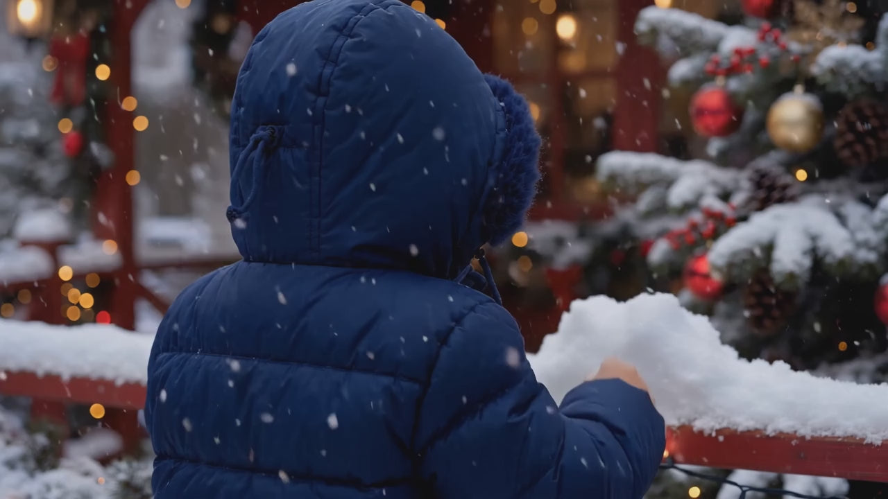 Vidéo de démonstration en français : enfant de dos jouant dans la neige avec la doudoune d'hiver à capuche DULUXE